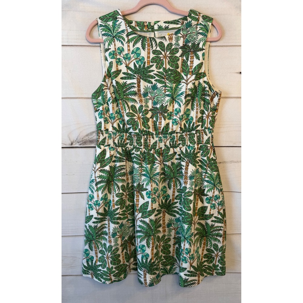 Boden Womens Tropical Palm Tree Print Smocked Waist Cotton Dress Green US 10R - Picture 1 of 5